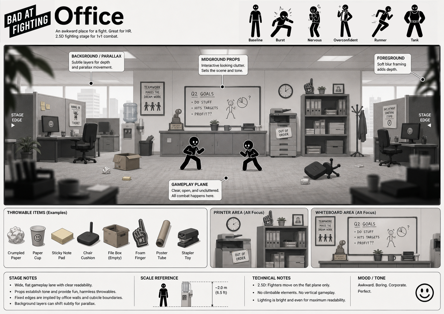 Concept art for Bad at Fighting showing two stick-figure fighters in an office stage